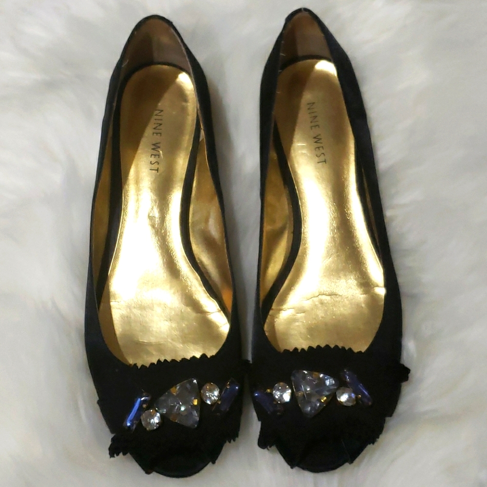 Black Peep-Toe Satin Ballet Flats w/Stones